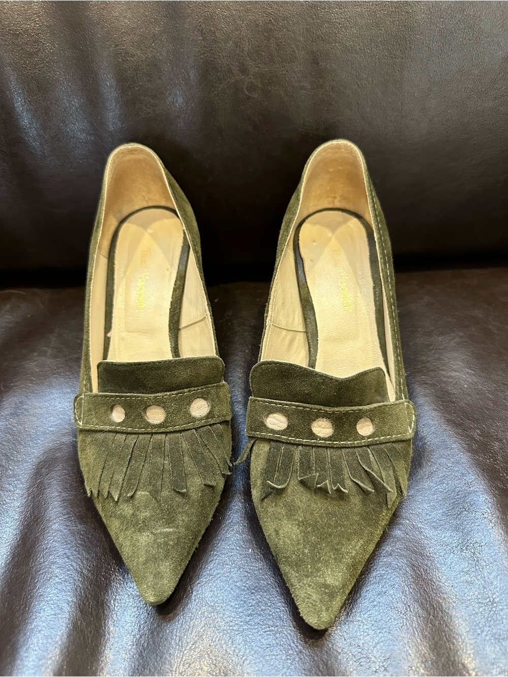 Vintage Women's Olive Suede Pointed-Toe Fringe Heeled Loafers EU 38